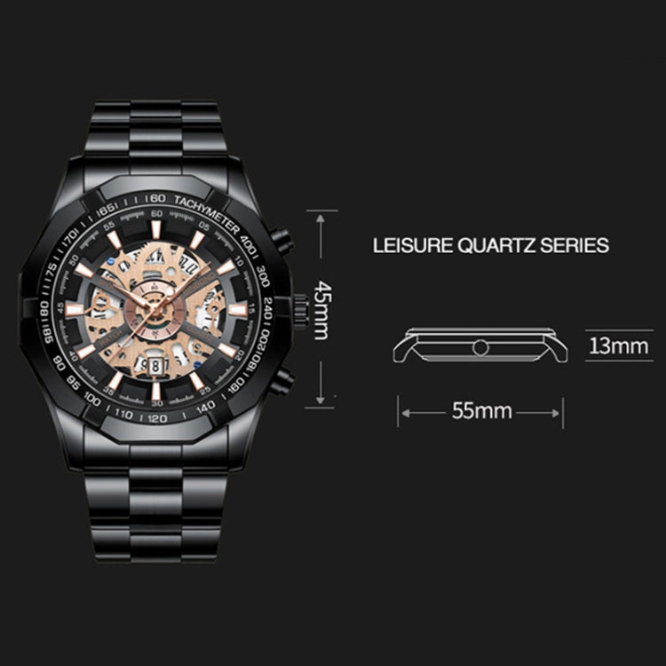BINBOND S033 Hollowed Mechanical 30m Water-resistant Luminous Quartz Watch, Color: Black Steel-Black-Gold