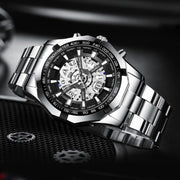 BINBOND S033 Hollowed Mechanical 30m Water-resistant Luminous Quartz Watch, Color: Black Steel-Black-Gold