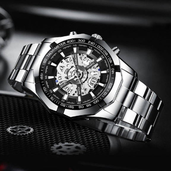 BINBOND S033 Hollowed Mechanical 30m Water-resistant Luminous Quartz Watch, Color: Black Steel-Black-Gold
