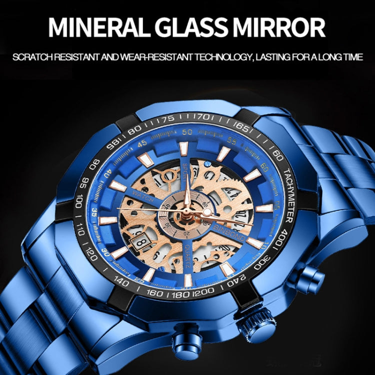 BINBOND S033 Hollowed Mechanical 30m Water-resistant Luminous Quartz Watch, Color: Black Steel-Black-Gold