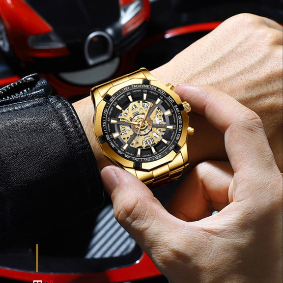 BINBOND S033 Hollowed Mechanical 30m Water-resistant Luminous Quartz Watch, Color: Black Steel-Black-Gold