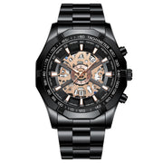 BINBOND S033 Hollowed Mechanical 30m Water-resistant Luminous Quartz Watch, Color: Black Steel-Black-Rose Gold