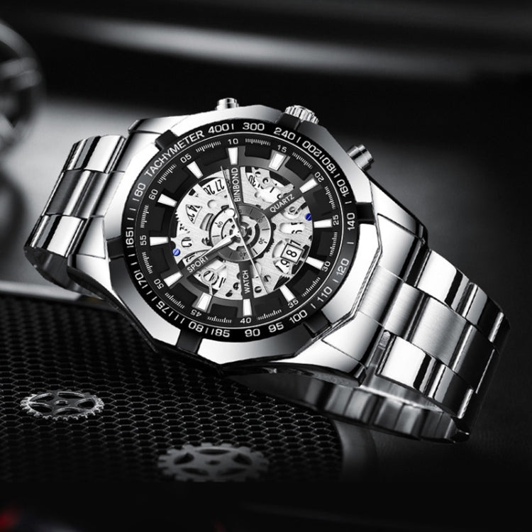 BINBOND S033 Hollowed Mechanical 30m Water-resistant Luminous Quartz Watch, Color: Black Steel-Black-Rose Gold