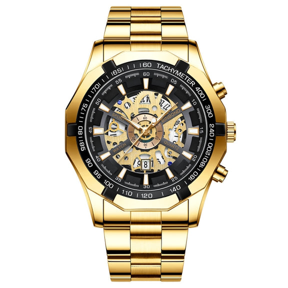 BINBOND S033 Hollowed Mechanical 30m Water-resistant Luminous Quartz Watch, Color: Full Gold-Black-Gold