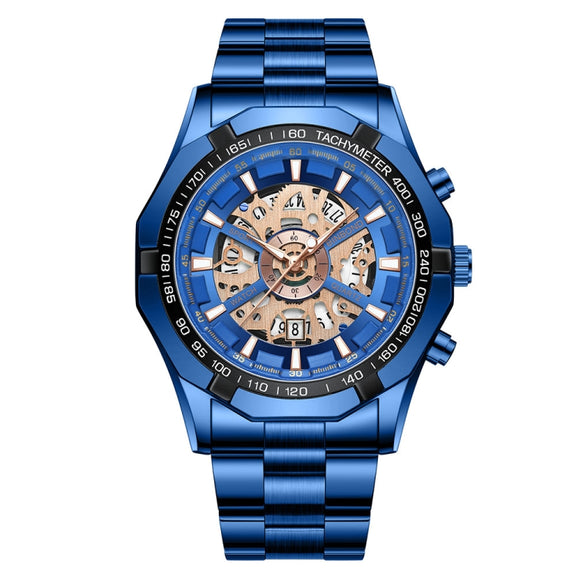 BINBOND S033 Hollowed Mechanical 30m Water-resistant Luminous Quartz Watch, Color: Blue Steel-Blue