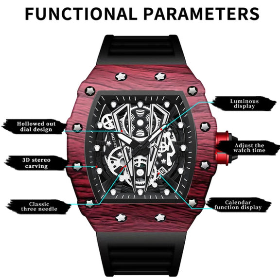 BINBOND B6577 Barrel Shape 30m Water-resistant Sports Quartz Watch(Black Silicon-Red-Black)