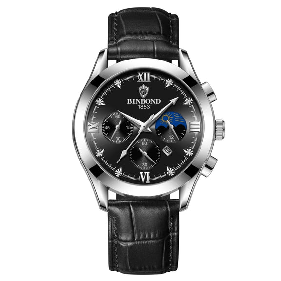 BINBOND B3591 30m Water-resistant Luminous Calendar Men Watch, Color: Black Leather-White-Black