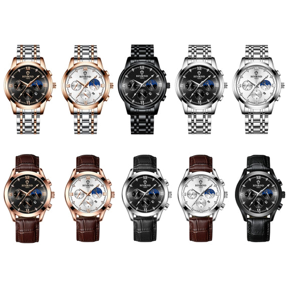 BINBOND B3591 30m Water-resistant Luminous Calendar Men Watch, Color: Black Leather-White-Black