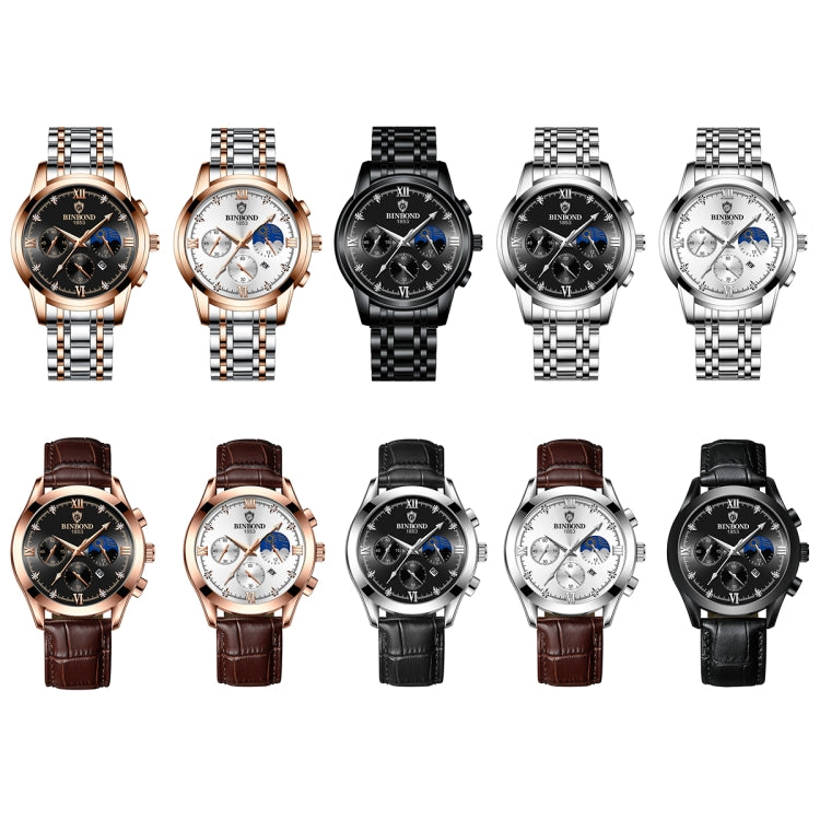 BINBOND B3591 30m Water-resistant Luminous Calendar Men Watch, Color: Black Leather-White-Black