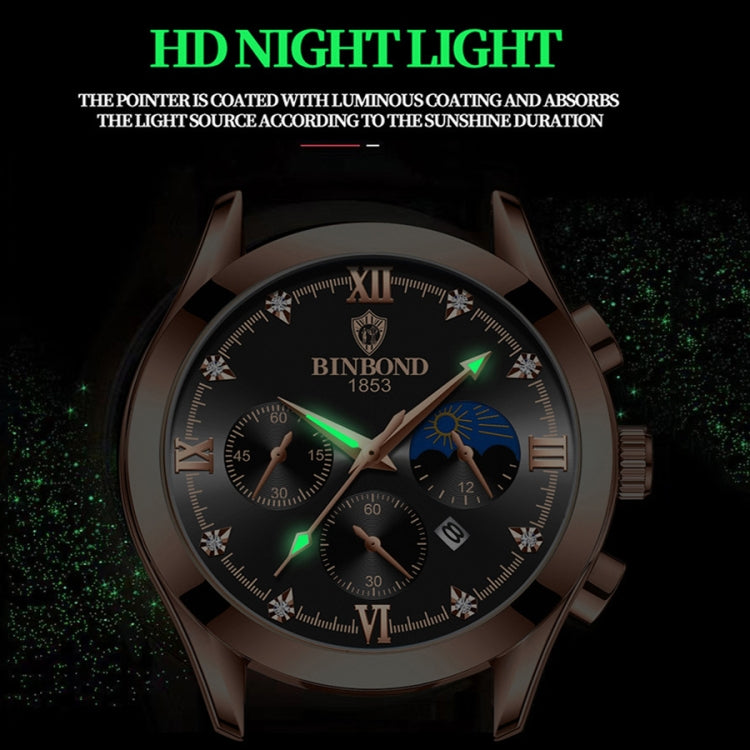 BINBOND B3591 30m Water-resistant Luminous Calendar Men Watch, Color: Black Leather-White-Black