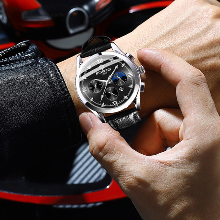 BINBOND B3591 30m Water-resistant Luminous Calendar Men Watch, Color: Black Leather-White-Black