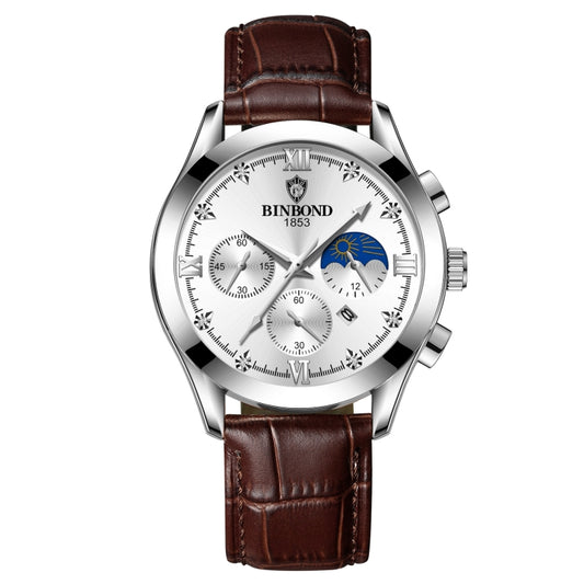 BINBOND B3591 30m Waterproof Luminous Calendar Men Watch, Color: Brown Leather-White-White - free shipping - PMC Jewellery - Order now!