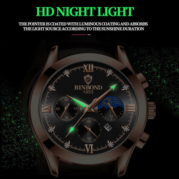 BINBOND B3591 30m Water-resistant Luminous Calendar Men Watch, Color: Brown Leather-White-White