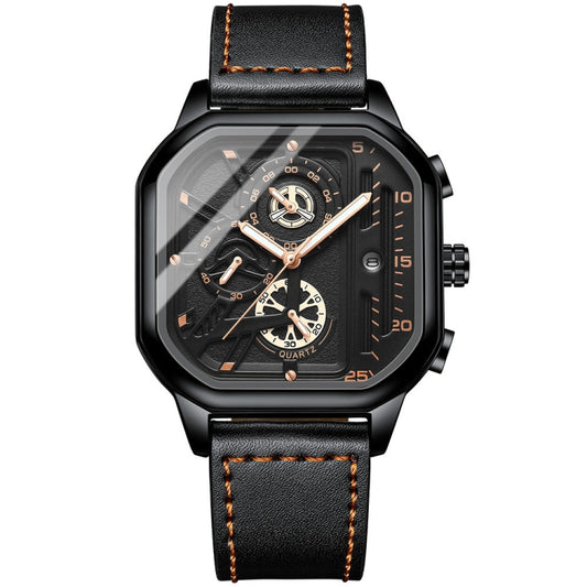 BINBOND B6577 30M Waterproof Luminous Square Quartz Watch, Color: Black Leather-Black-Rose Gold - free shipping - PMC Jewellery - Order now!