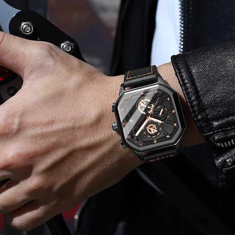BINBOND B6577 30M Waterproof Luminous Square Quartz Watch, Color: Black Leather-Black-Rose Gold - free shipping - PMC Jewellery - Order now!