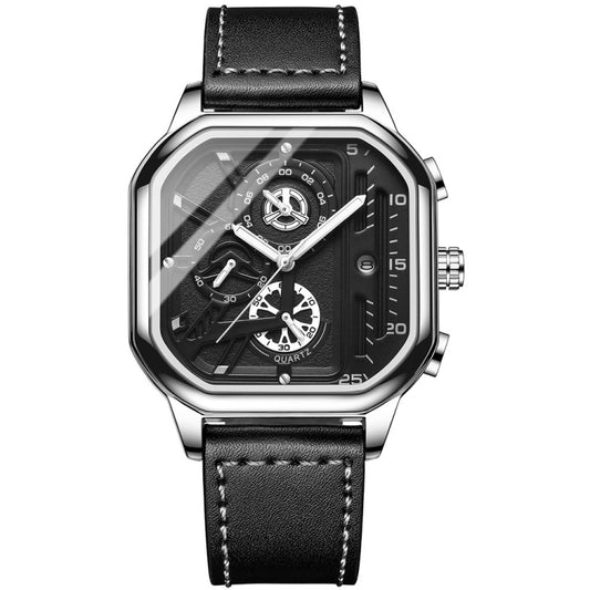 BINBOND B6577 30M Waterproof Luminous Square Quartz Watch, Color: Black Leather-White-White - free shipping - PMC Jewellery - Order now!