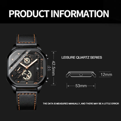 BINBOND B6577 30M Waterproof Luminous Square Quartz Watch, Color: Black Leather-White-White - free shipping - PMC Jewellery - Order now!