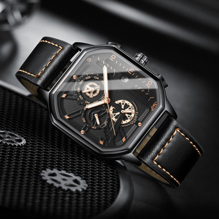 BINBOND B6577 30M Waterproof Luminous Square Quartz Watch, Color: Black Leather-White-White - free shipping - PMC Jewellery - Order now!