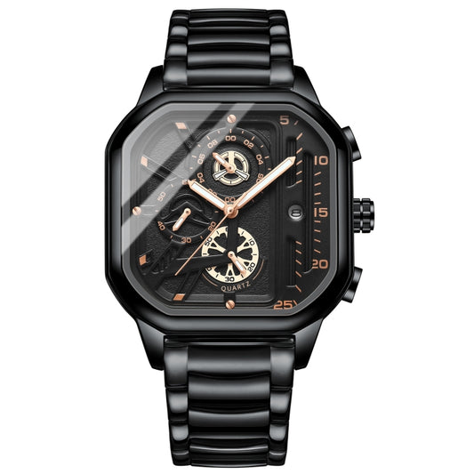 BINBOND B6577 30M Waterproof Luminous Square Quartz Watch, Color: Black Steel-Black-Rose Gold - free shipping - PMC Jewellery - Order now!