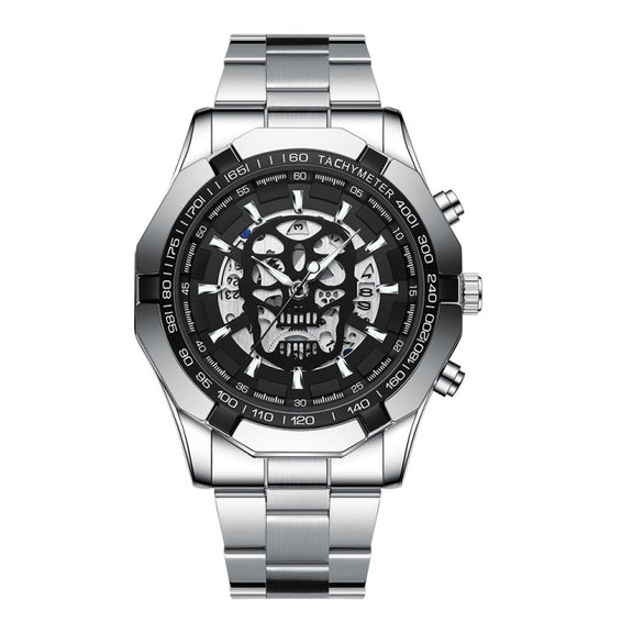 BINBOND S034 30M Water-resistant Quartz Watch Skull Skeleton Luminous Watch(White Steel Black)
