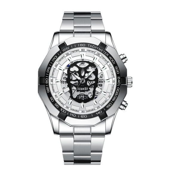 BINBOND S034 30M Water-resistant Quartz Watch Skull Skeleton Luminous Watch(White Steel White)