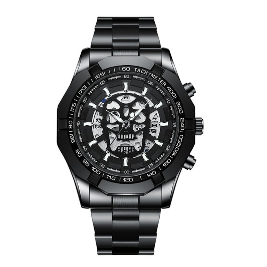 BINBOND S034 30M Waterproof Quartz Watch Skull Skeleton Luminous Watch(Black Steel Black White Nail) - free shipping - PMC Jewellery - Order now!