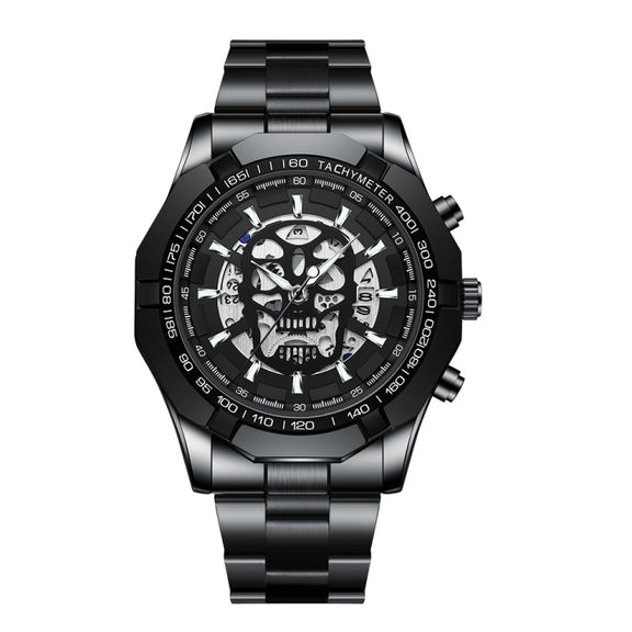 BINBOND S034 30M Water-resistant Quartz Watch Skull Skeleton Luminous Watch(Black Steel Black White Nail)