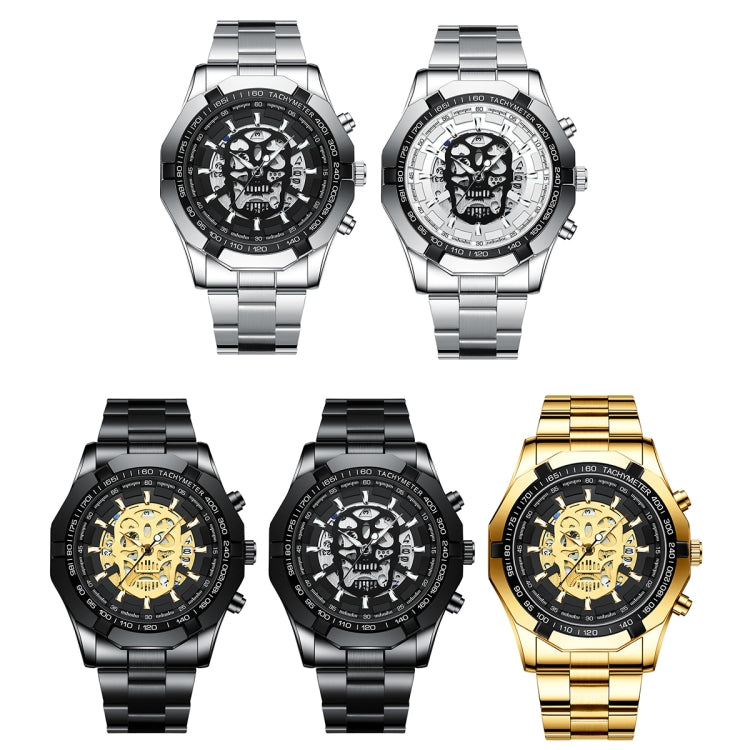 BINBOND S034 30M Water-resistant Quartz Watch Skull Skeleton Luminous Watch(White Steel Black)