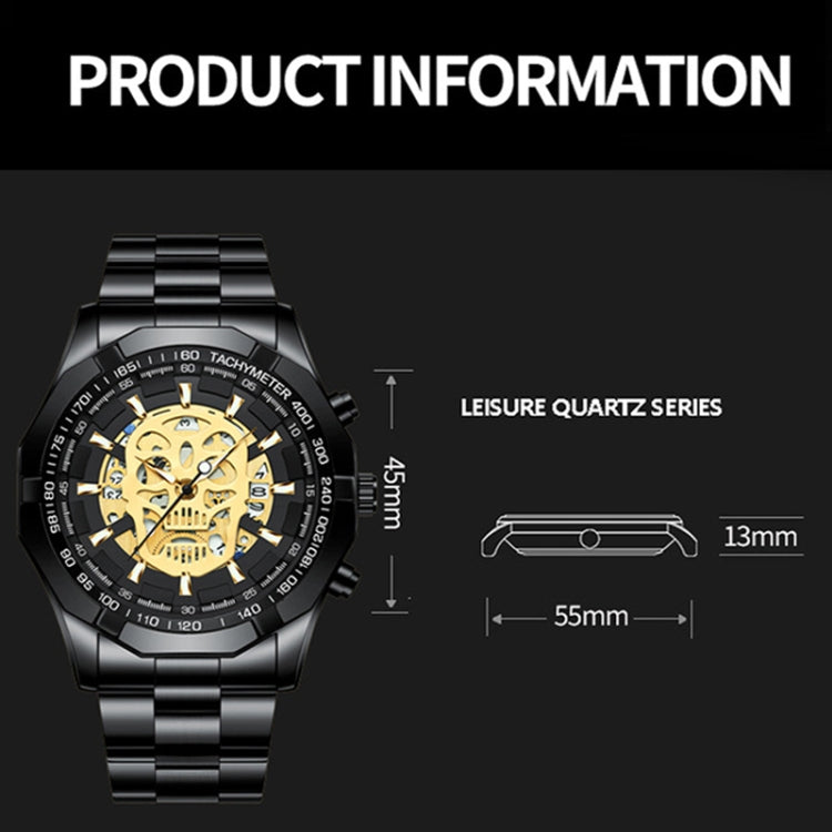 BINBOND S034 30M Waterproof Quartz Watch Skull Skeleton Luminous Watch(Black Steel Black White Nail) - free shipping - PMC TechLife - Order now!