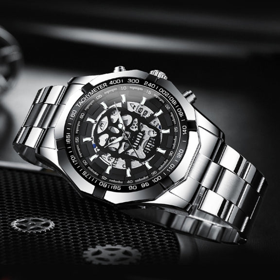 BINBOND S034 30M Water-resistant Quartz Watch Skull Skeleton Luminous Watch(Black Steel Black Gold Nail)