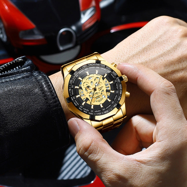 BINBOND S034 30M Waterproof Quartz Watch Skull Skeleton Luminous Watch(Black Steel Black White Nail) - free shipping - PMC TechLife - Order now!