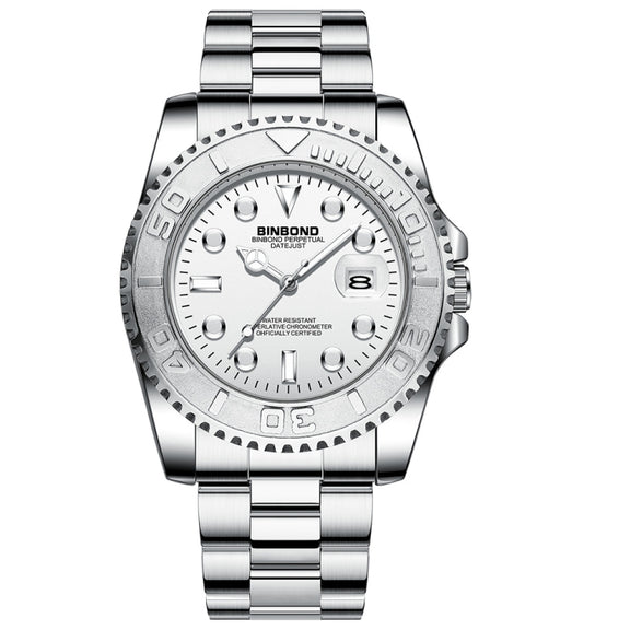 BINBOND B930 Metal Gear Luminous Quartz Watch 30M Water-resistant Sports Watch, Color: White Steel-White