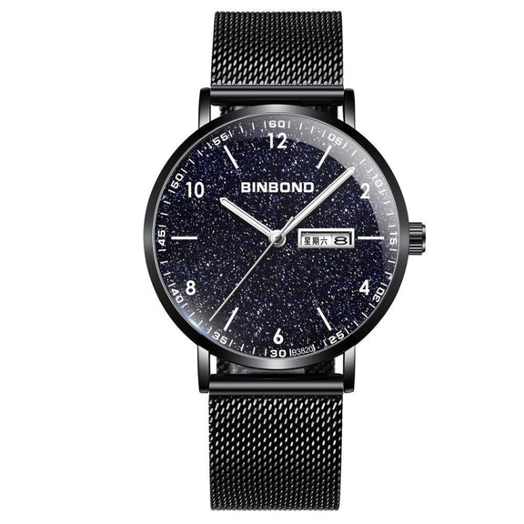 BINBOND B3820 30M Water-resistant Ultra-thin Quartz Luminous Starry Watch, Color: Black Net-Black-Starry