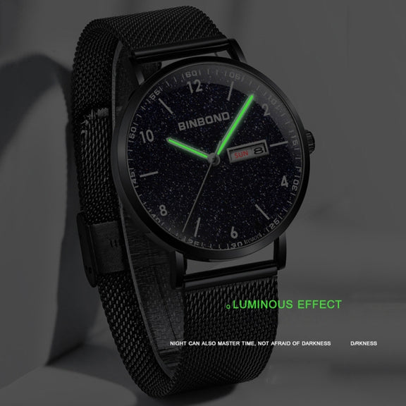 BINBOND B3820 30M Water-resistant Ultra-thin Quartz Luminous Starry Watch, Color: Black Net-Black-Starry