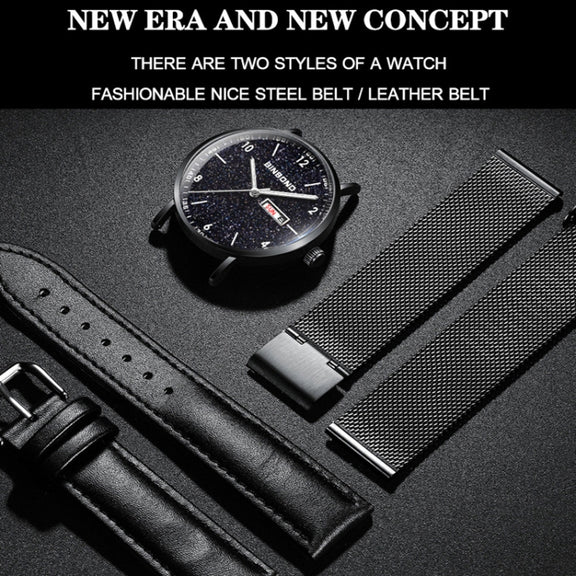 BINBOND B3820 30M Water-resistant Ultra-thin Quartz Luminous Starry Watch, Color: Black Net-Black-Starry