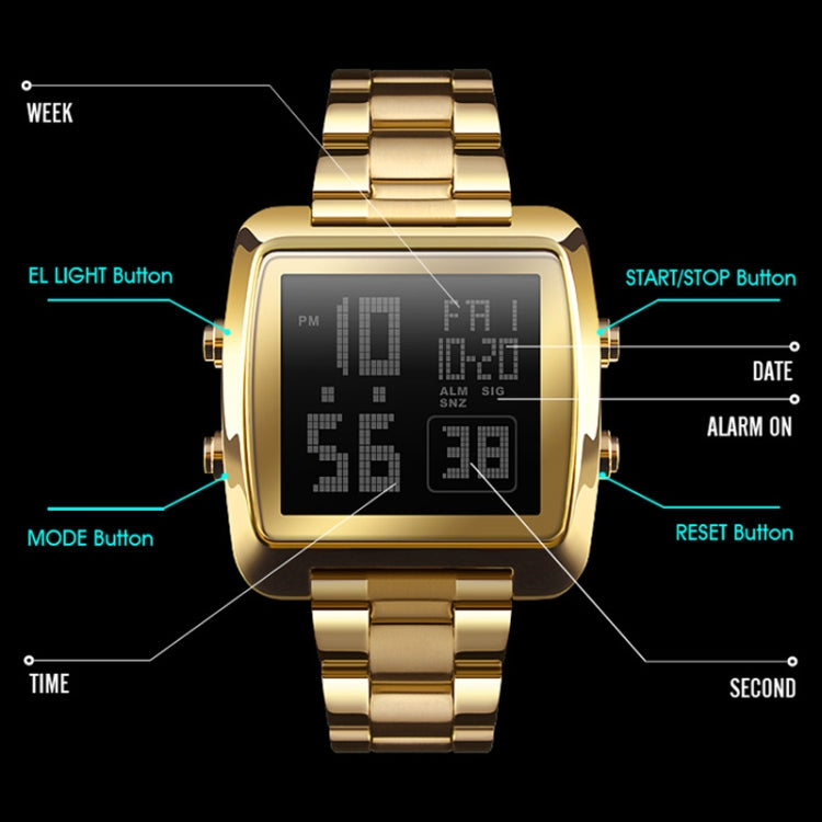 SKMEI 1369 Retro Water-resistant Gold Watch Men Steel Belt Luminous Square Watch(Gold)