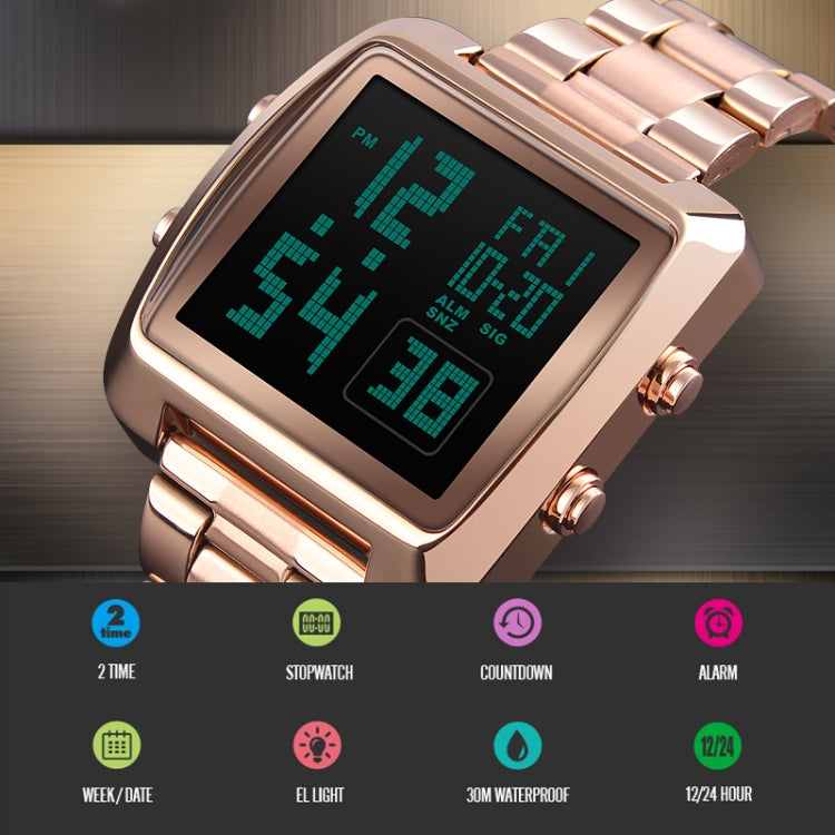 SKMEI 1369 Retro Water-resistant Gold Watch Men Steel Belt Luminous Square Watch(Black)
