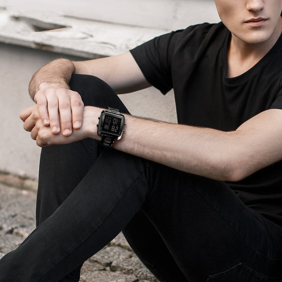 SKMEI 1369 Retro Water-resistant Gold Watch Men Steel Belt Luminous Square Watch(Black)