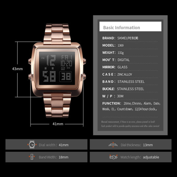 SKMEI 1369 Retro Water-resistant Gold Watch Men Steel Belt Luminous Square Watch(Black)