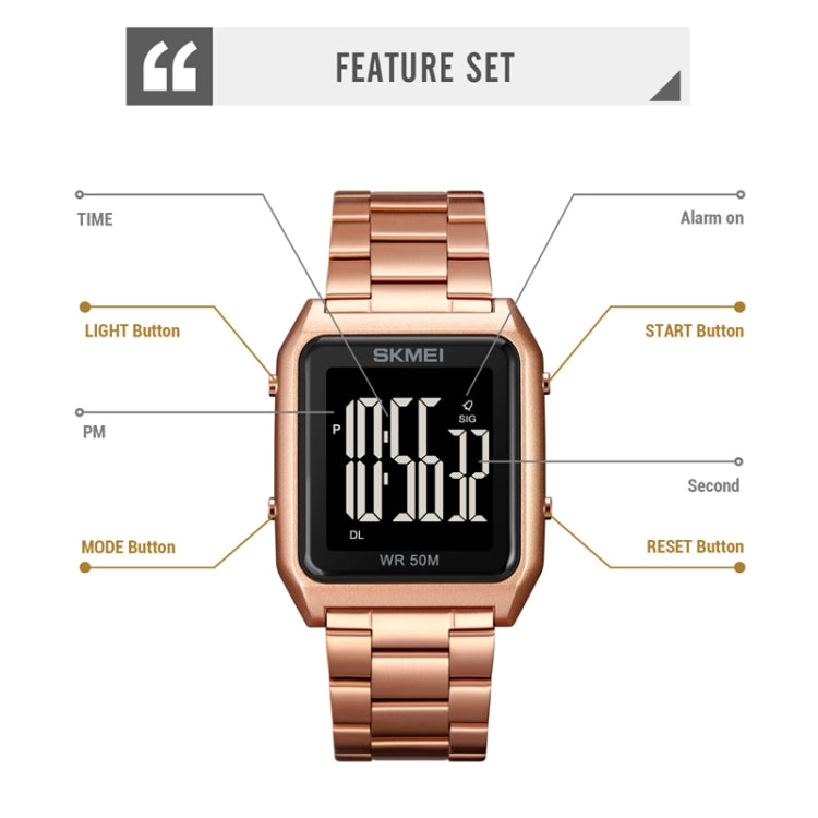 SKMEI 1879 Square Large Screen Men Steel Belt Multi-function EL Luminous Watch, Color: Rose Gold - free shipping - PMC TechLife - Order now!