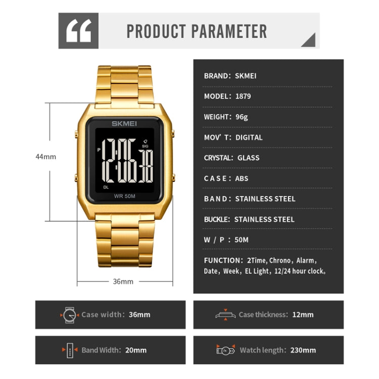 SKMEI 1879 Square Large Screen Men Steel Belt Multi-function EL Luminous Watch, Color: Rose Gold - free shipping - PMC TechLife - Order now!