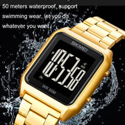 SKMEI 1879 Square Large Screen Men Steel Belt Multi-function EL Luminous Watch, Color: Gold