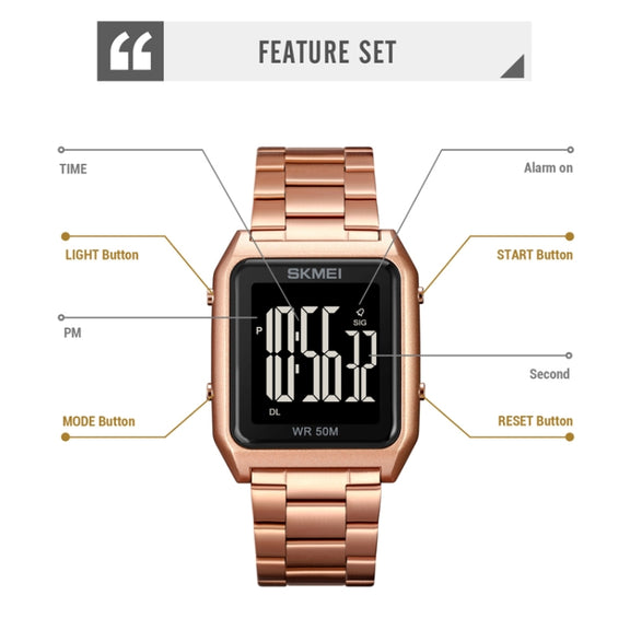 SKMEI 1879 Square Large Screen Men Steel Belt Multi-function EL Luminous Watch, Color: Silver