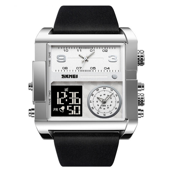 SKMEI 2020 Square Large Dial Triple Movement Men Sports Watch(Silver Shell Black Belt Black Machine)