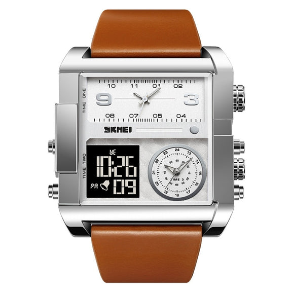 SKMEI 2020 Square Large Dial Triple Movement Men Sports Watch(Silver Shell Brown Belt Black Machine)