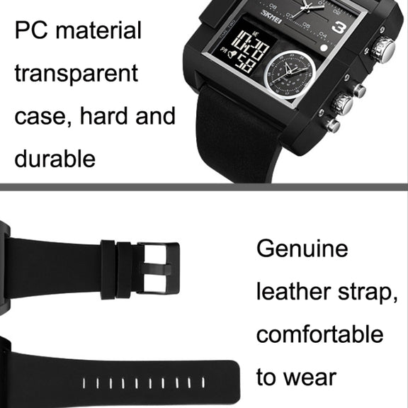 SKMEI 2020 Square Large Dial Triple Movement Men Sports Watch(Silver Shell Brown Belt Black Machine)