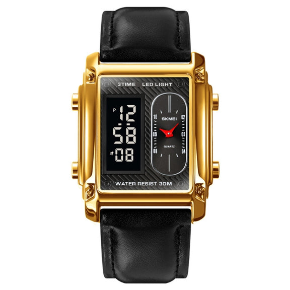 SKMEI 1868 Square Double Display Water-resistant Men Watch, Style: Leather Belt (Gold)