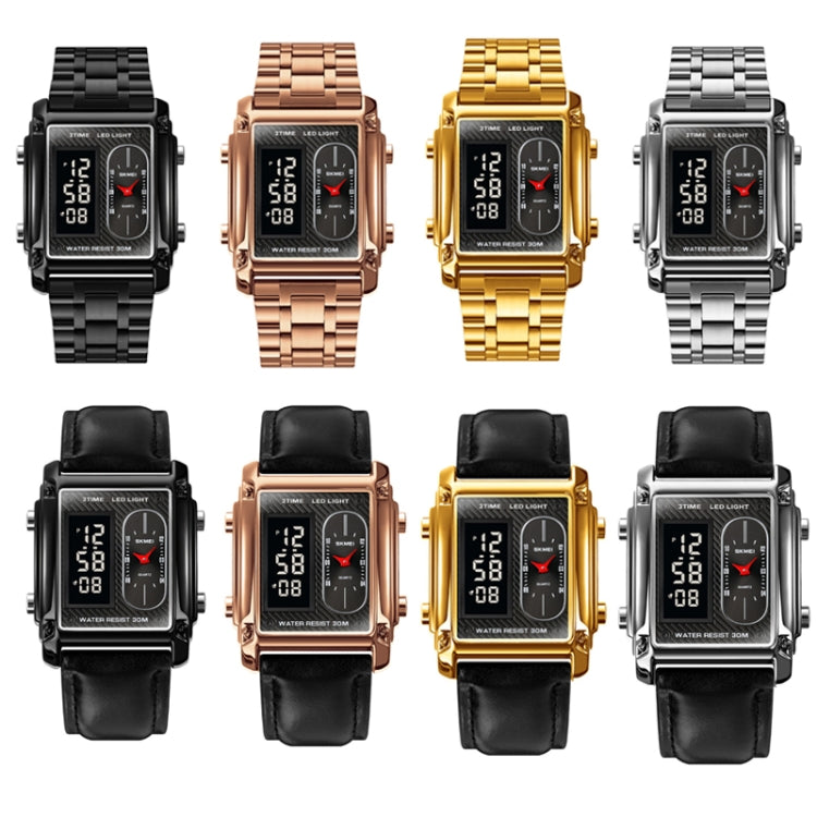 SKMEI 1868 Square Double Display Water-resistant Men Watch, Style: Leather Belt (Gold)
