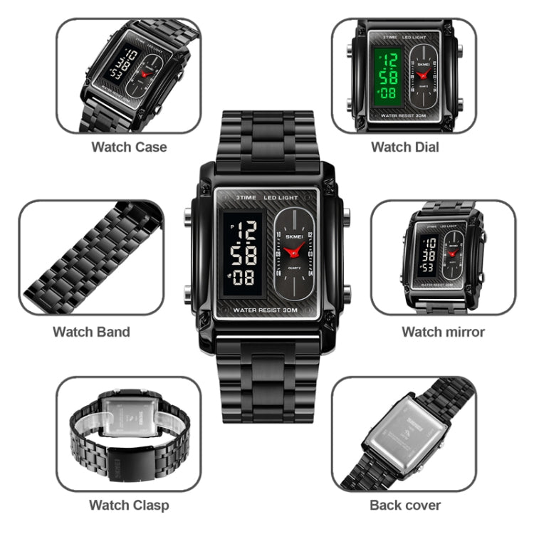 SKMEI 1868 Square Double Display Waterproof Men Watch, Style: Steel Belt (Silver) - free shipping - PMC TechLife - Order now!