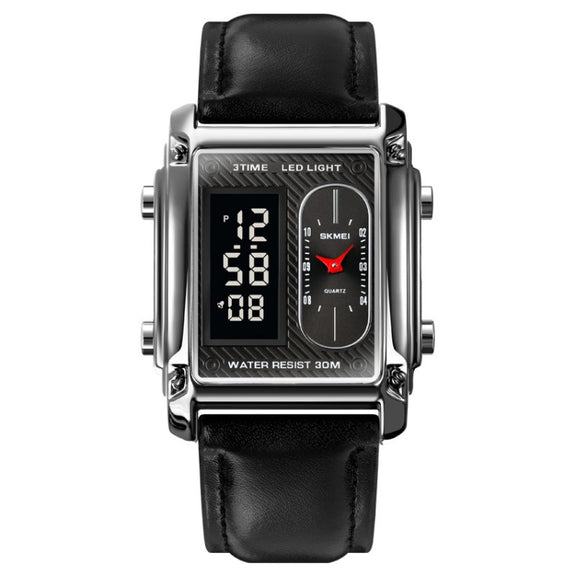 SKMEI 1868 Square Double Display Water-resistant Men Watch, Style: Leather Belt (Silver)